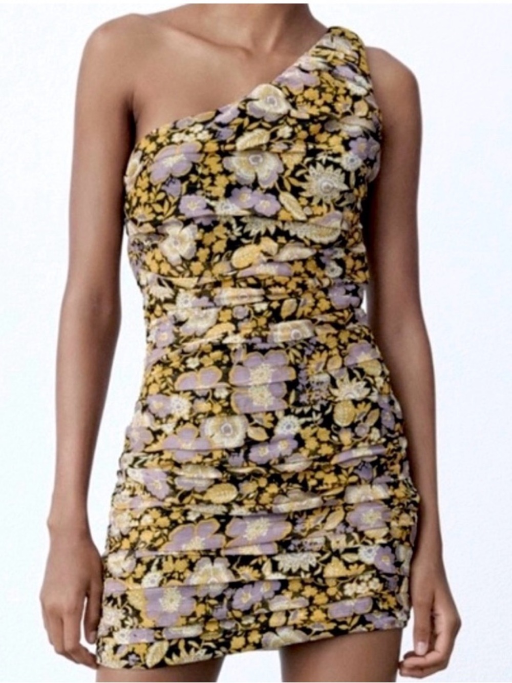 Zara One-Shoulder Floral Dress in Black, Yellow & Lavender - Picture 3 of 8